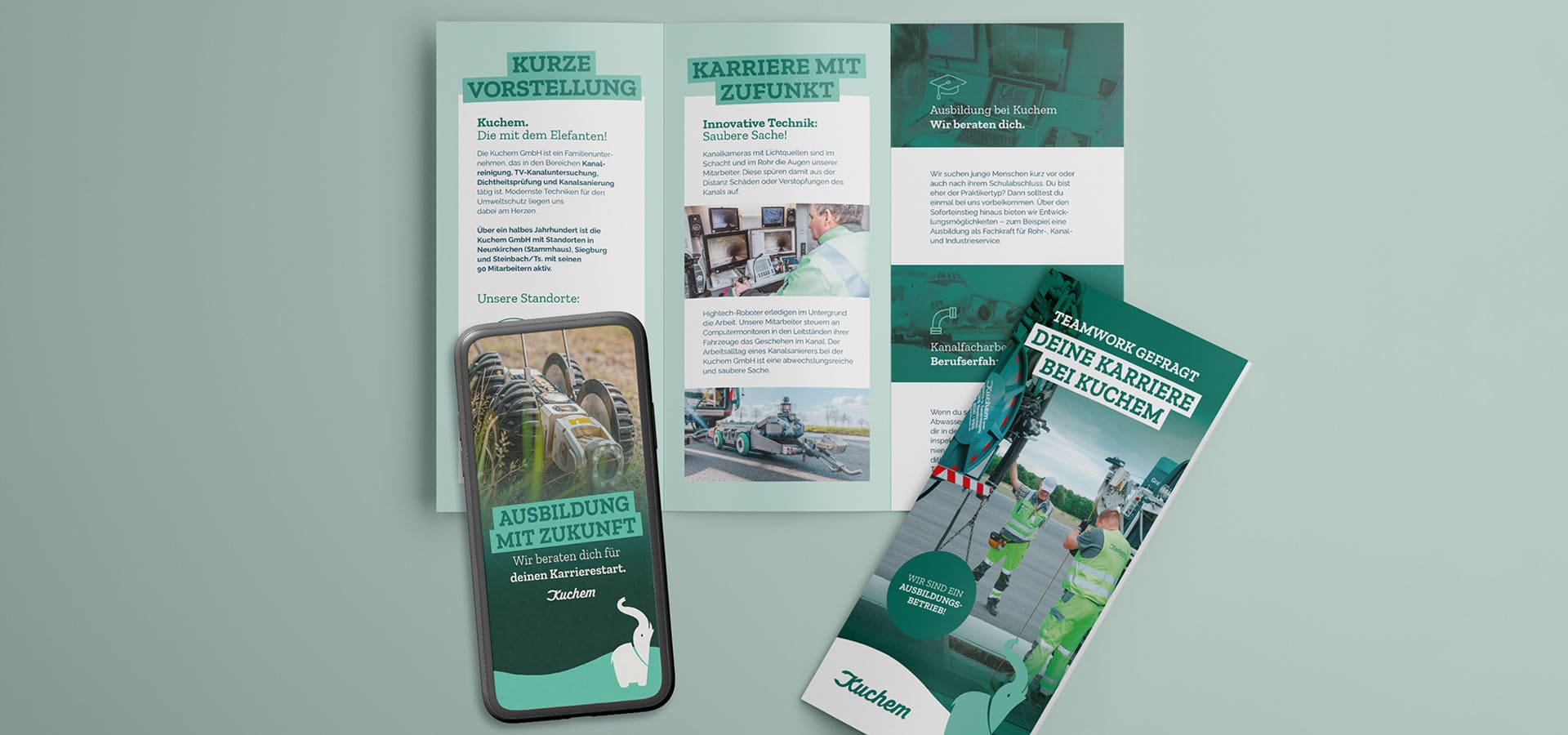 Grüner Flyer und Online-Auftritt als Ergebnis einer Recruiting-Kampagne